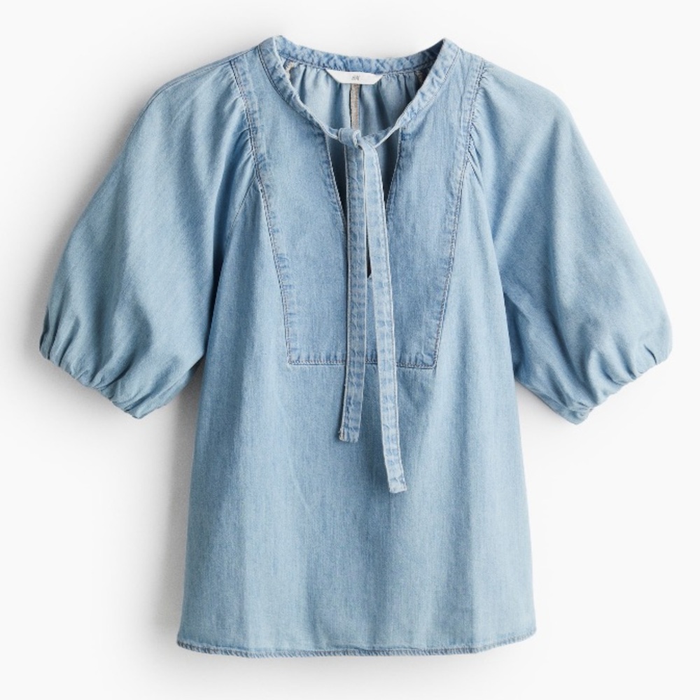Denim Puff Sleeve Tie Neck Top Blouse